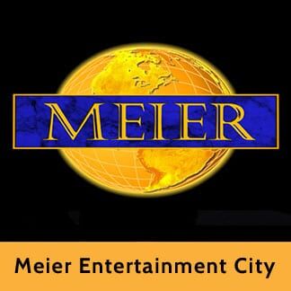 The Meier Entertainment City logo which is a gold earth globe with the Meier name in front of it